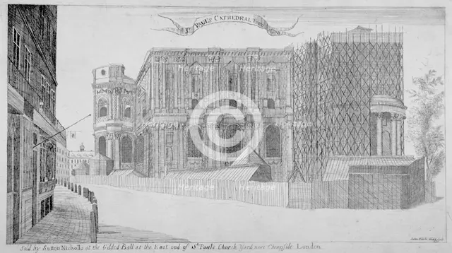 View of St Paul' s Cathedral under construction, City of London, 1685 (c1853). Artist: Sir Christopher Wren