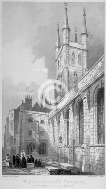 View of St Sepulchre Church from Skinner Street, City of London, 1837. Artist: John Le Keux