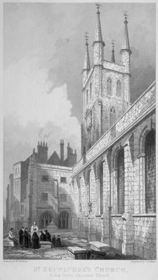 View of St Sepulchre Church from Skinner Street, City of London, 1837. Artist: John Le Keux