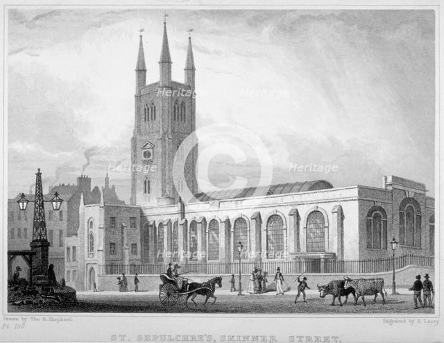 View of St Sepulchre Church, Skinner Street, City of London, 1830. Artist: S Lacey