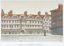 View of Staple Inn and the buildings of Middle Row in the centre of Holborn, London, 1850. Artist: Valentine Davis