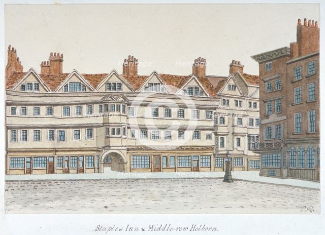 View of Staple Inn and the buildings of Middle Row in the centre of Holborn, London, 1850.           Artist: Valentine Davis