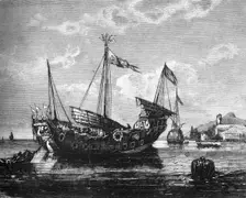 View off Singapore - Chinese Junk Lying at Anchor c1891. Creator: James Grant