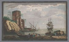 View off the coast in the vicinity of the city of Toulon by Moonlight, 1733-1797. Creators: Pierre François Basan , Jean Francois Feradiny, Anon