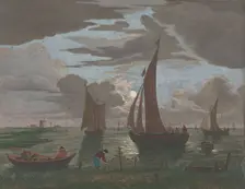View off the coast with ships and boats on the water in moonlight, 1753-1797. Creators: Pierre François Basan , Pierre Fouquet, Pierre Jacques Duret