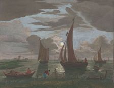 View off the coast with ships and boats on the water in moonlight, 1753-1797. Creators: Pierre François Basan , Pierre Fouquet, Pierre Jacques Duret