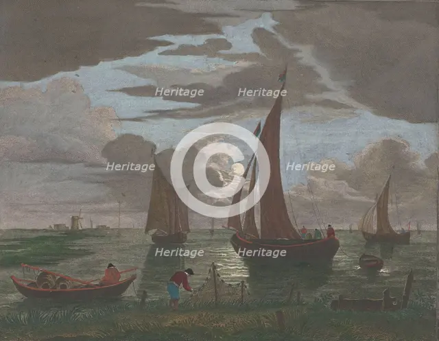 View off the coast with ships and boats on the water in moonlight, 1753-1797. Creators: Pierre François Basan   , Pierre Fouquet, Pierre Jacques Duret.