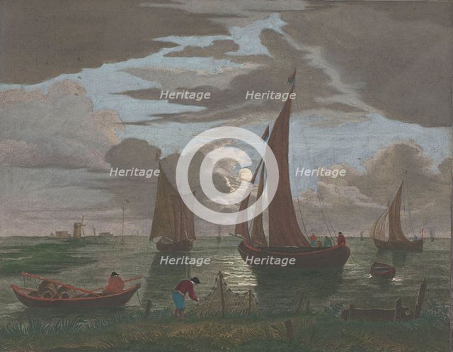 View off the coast with ships and boats on the water in moonlight, 1753-1797. Creators: Pierre François Basan   , Pierre Fouquet, Pierre Jacques Duret.