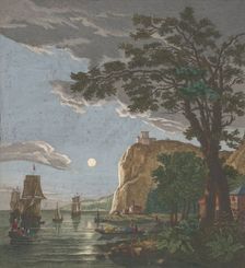 View off the coast with ships and boats on the water in moonlight, 1753-1797. Creators: Pierre François Basan , Pierre Fouquet, Pierre Jacques Duret