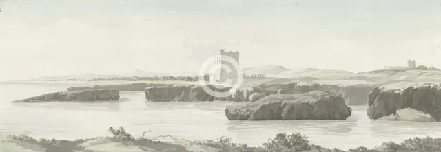 View on the coast of the Adriatic Sea with an observation tower on the other side of Monopoli, 1778. Creator: Louis Ducros.