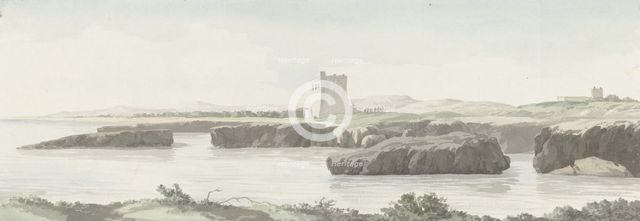 View on the coast of the Adriatic Sea with an observation tower on the other side of Monopoli, 1778. Creator: Louis Ducros.