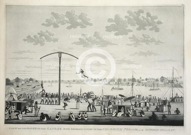 View on the Banks of the Ganges with representation of the Churruck Poojah …, pub. 1810 (engraving). Creator: James Moffat (1775 - 1815).