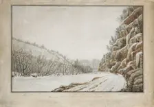 View on the New Turnpike Road, on the Margin of the Juniata, with a Distant View..., 1820. Creator: Benjamin Henry Latrobe