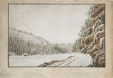 View on the New Turnpike Road, on the Margin of the Juniata, with a Distant View..., 1820. Creator: Benjamin Henry Latrobe
