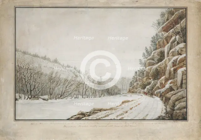 View on the New Turnpike Road, on the Margin of the Juniata, with a Distant View..., 1820. Creator: Benjamin Henry Latrobe.