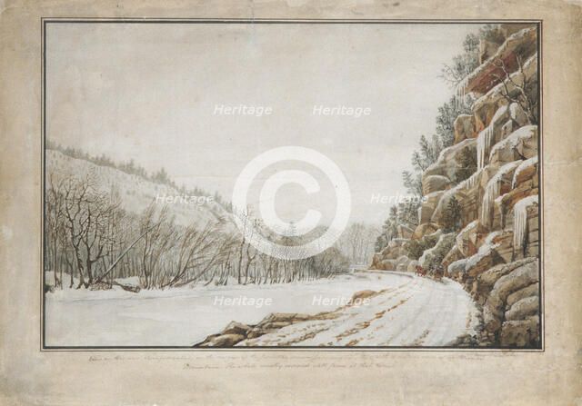 View on the New Turnpike Road, on the Margin of the Juniata, with a Distant View..., 1820. Creator: Benjamin Henry Latrobe.