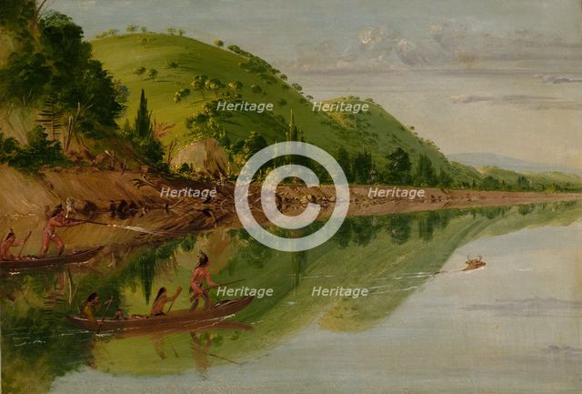 View on the St. Peter's River, Sioux Indians Pursuing a Stag in their Canoes, 1836-1837. Creator: George Catlin.
