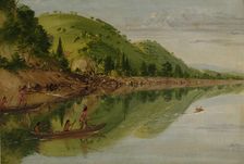 View on the St. Peter's River, Sioux Indians Pursuing a Stag in their Canoes, 1836-1837. Creator: George Catlin