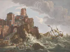 View on a coast with ships and boats on the cliffs in Norway, 1700-1799. Creators: Anon, Pierre Maleuvre