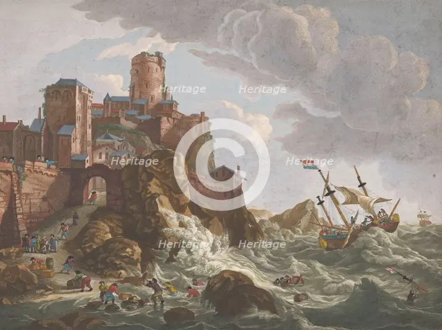 View on a coast with ships and boats on the cliffs in Norway, 1700-1799. Creators: Anon, Pierre Maleuvre.