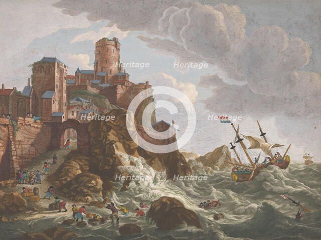 View on a coast with ships and boats on the cliffs in Norway, 1700-1799. Creators: Anon, Pierre Maleuvre.