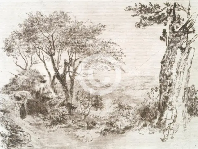 View on a Hill, with Trees and Figures, c1820s. Creator: Andrew Geddes.