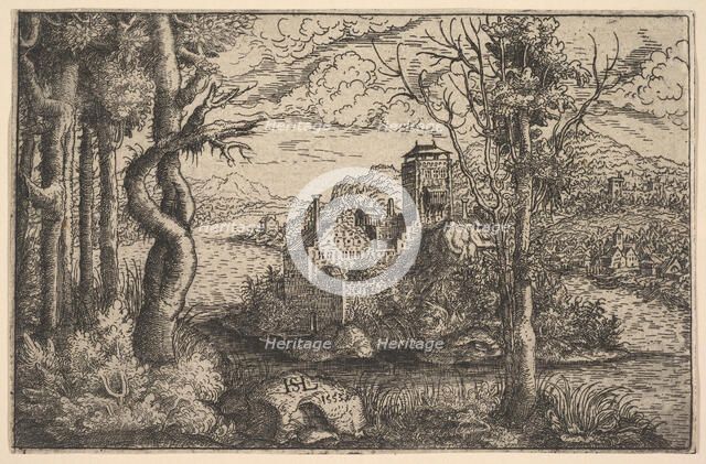View on a River, with a Castle on an Island, 1553. Creator: Hans Sebald Lautensack.