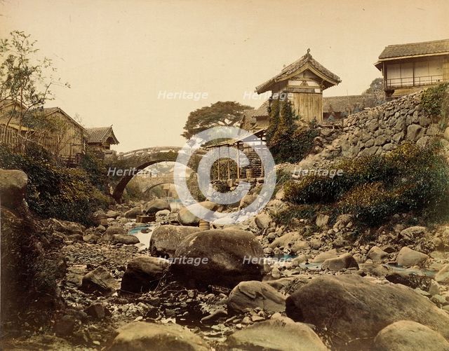 View on Amidabashi (Amida Bridge) over Nagasaki’s Zeniyagawa (Zeniya River..., 1865. Creator: Unknown.