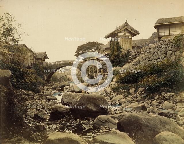 View on Amidabashi (Amida Bridge) over Nagasaki’s Zeniyagawa (Zeniya River..., 1865. Creator: Unknown.