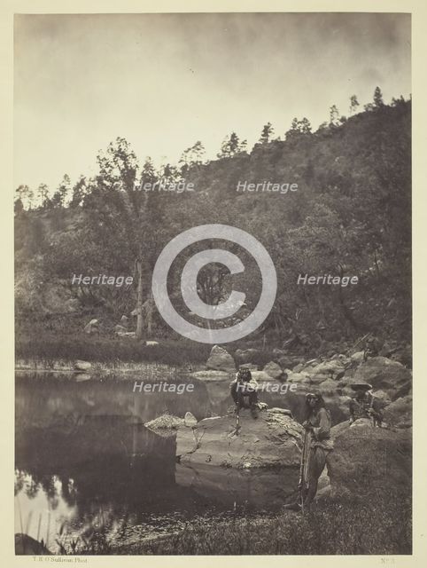 View on Apache Lake, Sierra Blanca Range, Arizona, Two Apache Scouts in the Foreground, 1873. Creator: Tim O'Sullivan.