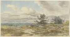 View over a plain, sawn-off tree trunks lying in the foreground, c1850-1905. Creator: Anton Burger