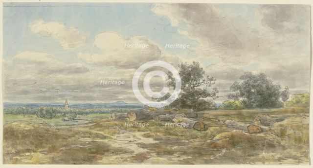 View over a plain, sawn-off tree trunks lying in the foreground, c1850-1905. Creator: Anton Burger.
