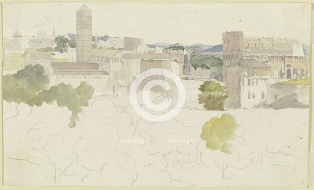 View over Rome with the Colosseum on the right, mountains in the distance, 1817. Creator: Carl Philipp Fohr.