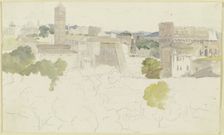 View over Rome with the Colosseum on the right, mountains in the distance, 1817. Creator: Carl Philipp Fohr