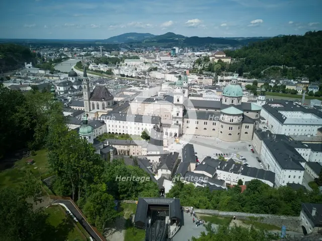 View over the city of Salzburg from the Festung Hohensalzburg fortress, 2022. Creator: Ethel Davies.