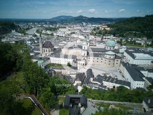 View over the city of Salzburg from the Festung Hohensalzburg fortress, 2022. Creator: Ethel Davies.
