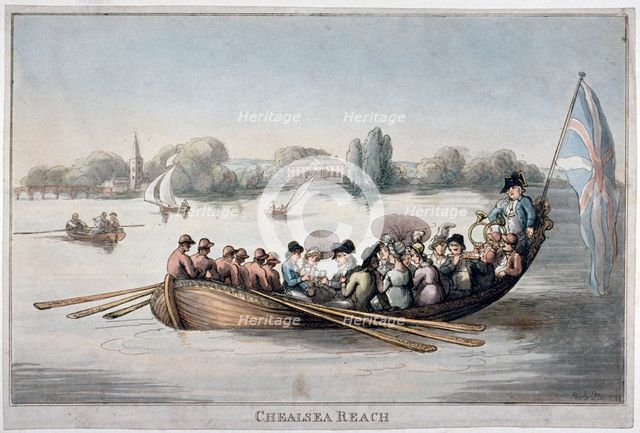 View showing figures in a rowing boat on the Thames at Chelsea Reach, London, 1799. Artist: Anon