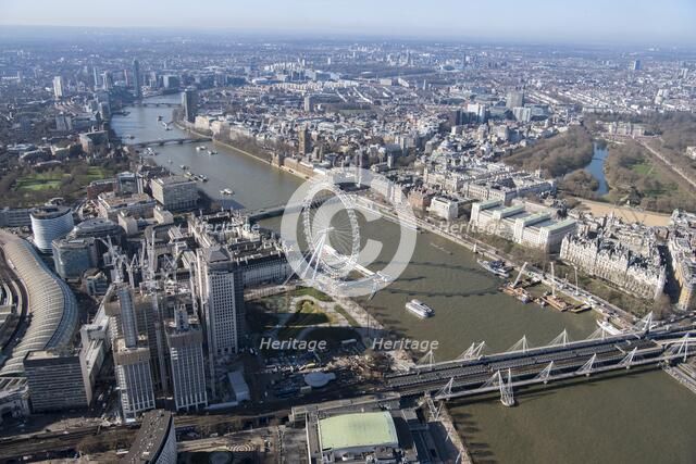 View south-west along the River Thames towards Westminster, London, 2018. Creator: Historic England Staff Photographer.