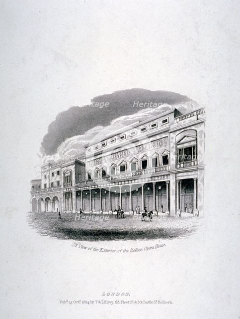 Vignette of the King's Theatre, Haymarket, London, 1824.                                             Artist: Anon
