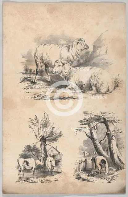 Vignette with two sheep, Vignette with two cows in a pool, and Vignette of a wood-gatherer..., 1847. Creator: Frances Flora Bond Palmer.