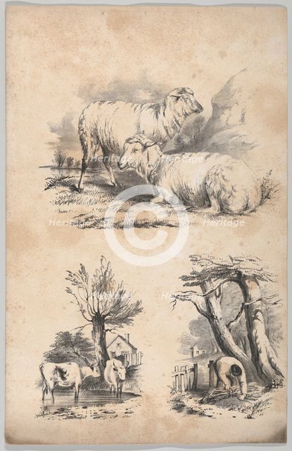Vignette with two sheep, Vignette with two cows in a pool, and Vignette of a wood-gatherer..., 1847. Creator: Frances Flora Bond Palmer.