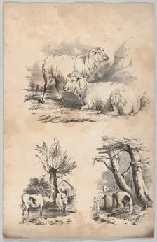 Vignette with two sheep, Vignette with two cows in a pool, and Vignette of a wood-gatherer..., 1847. Creator: Frances Flora Bond Palmer