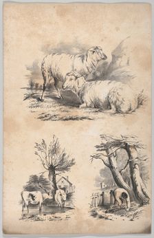 Vignette with two sheep, Vignette with two cows in a pool, and Vignette of a wood-gatherer..., 1847. Creator: Frances Flora Bond Palmer