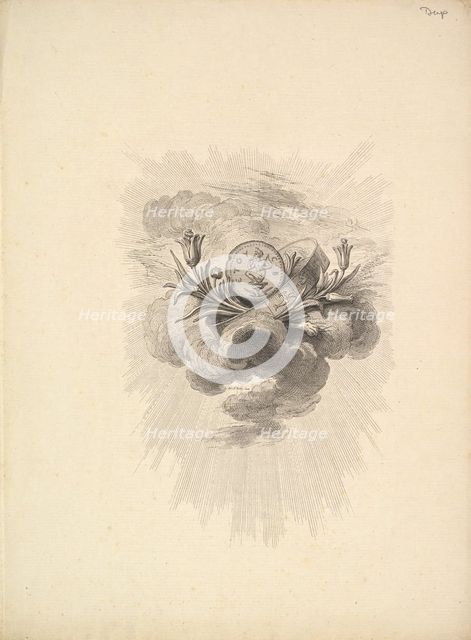 Vignette with a Medal depicting Harpocrate and Lotus Flowers, Volume I, Page 12, from D..., 1778-80. Creator: Augustin de Saint-Aubin.
