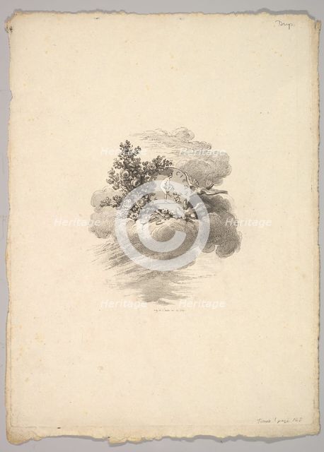 Vignette with Coin on a Cloud with Roses to the left and Doves Below and to the Right..., 1778-80. Creator: Augustin de Saint-Aubin.