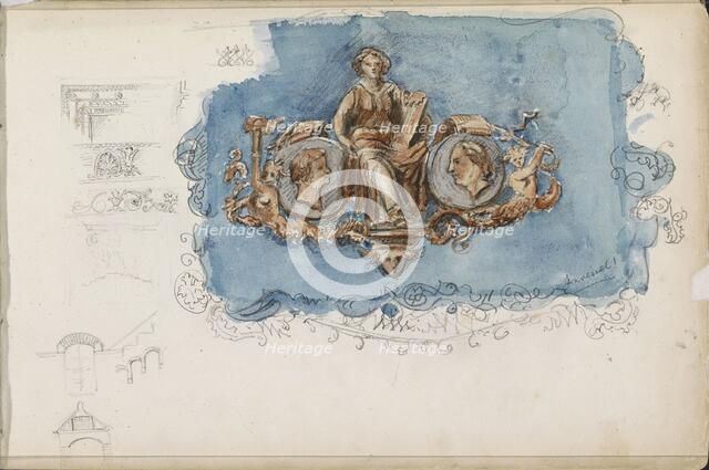 Vignette with seated woman and two portraits, 1862-1867. Creator: Isaac Gosschalk.