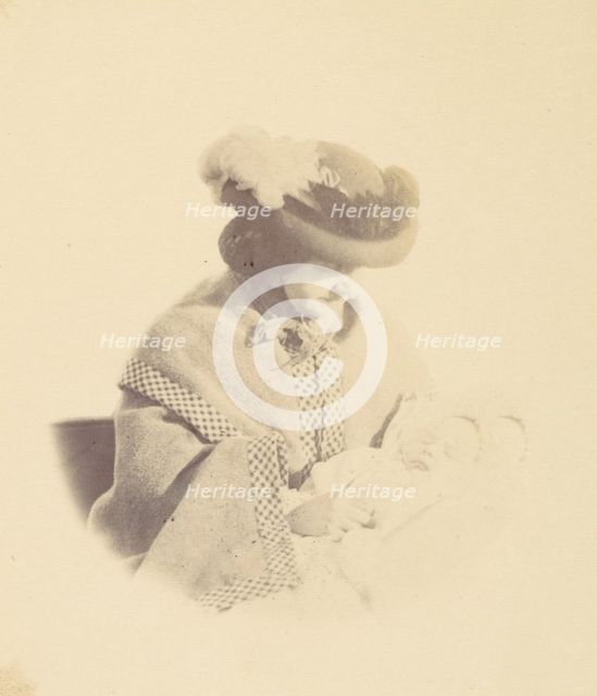 [Vignetted portrait, woman holding a baby], 1850s-60s. Creator: Alfred Capel-Cure.
