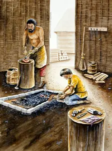 Viking metalsmith's workshop, mid 10th century. Artist: Chris Evans