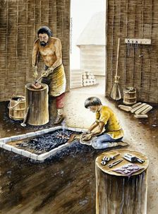 Viking metalsmith's workshop, mid 10th century. Artist: Chris Evans
