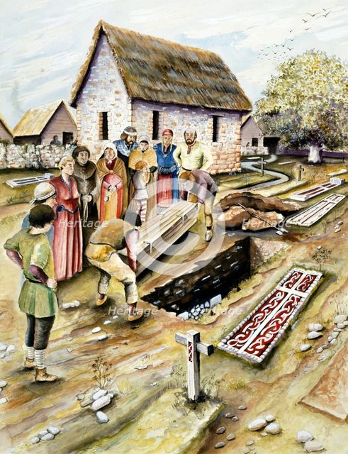 Viking burial in a churchyard, York, Yorkshire, 10th century (c2000?). Artist: Chris Evans.